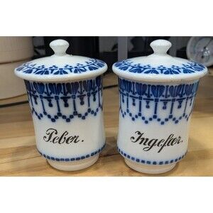 1874 Villeroy & Boch Dresden Blue White Spice Jars Peber Ingefær, Set Of 2